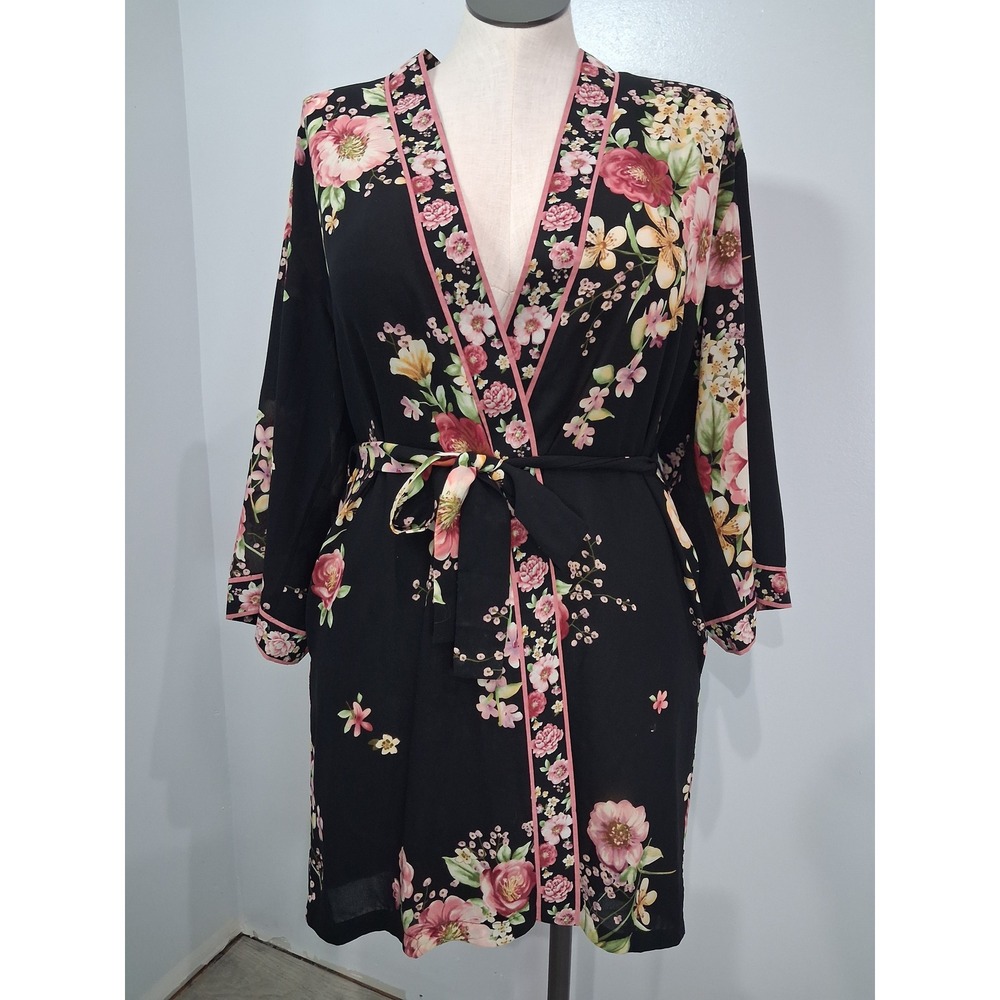 Oscar de la Renta Pink Label Black Floral‎ Kimono Robe Pink Trim SM